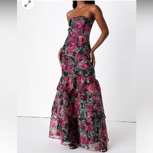 Lulus - Fleur of Dreams Green and Pink Floral Print Organza Maxi Dress
